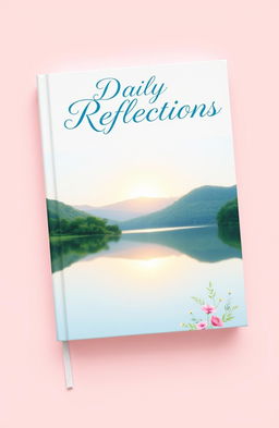 A beautifully designed book cover for a daily journal, featuring a serene nature scene with a tranquil lake reflecting the sky at sunrise, surrounded by lush greenery and gentle hills