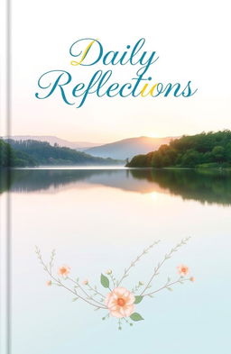 A beautifully designed book cover for a daily journal, featuring a serene nature scene with a tranquil lake reflecting the sky at sunrise, surrounded by lush greenery and gentle hills