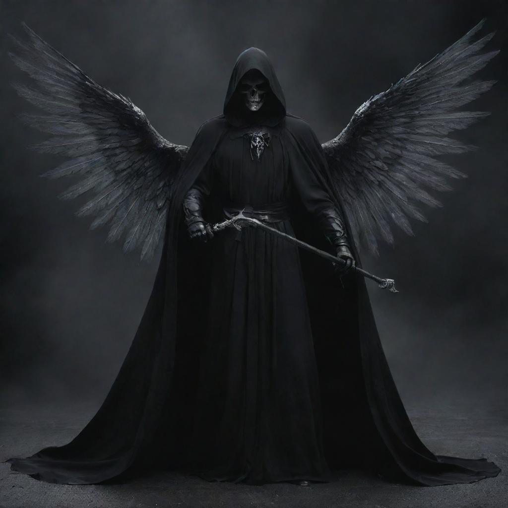 Modify the image of the Angel of Death, now depicting it wearing a dark cloak, its face shadowed, and wielding a menacingly gleaming scythe.