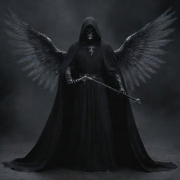 Modify the image of the Angel of Death, now depicting it wearing a dark cloak, its face shadowed, and wielding a menacingly gleaming scythe.