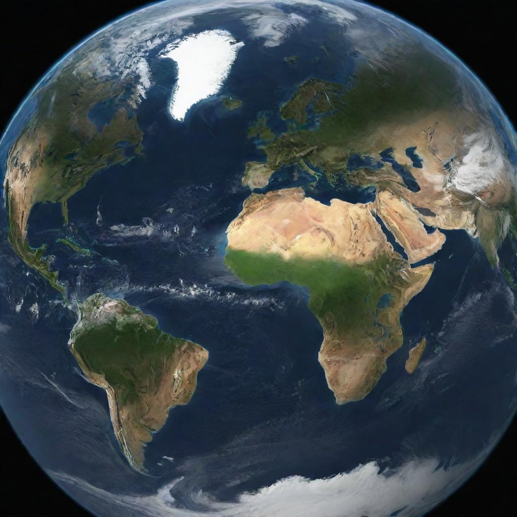 Generate an image of Planet Earth seen from space with detailed continents and oceans.