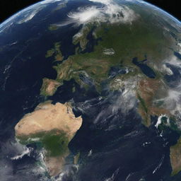 Generate an image of Planet Earth seen from space with detailed continents and oceans.