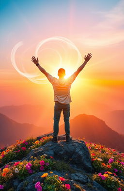 A vibrant and inspiring scene depicting the concept of inner power and personal growth, showcasing a person standing triumphantly on a mountain peak under a radiant sunrise, arms raised in celebration