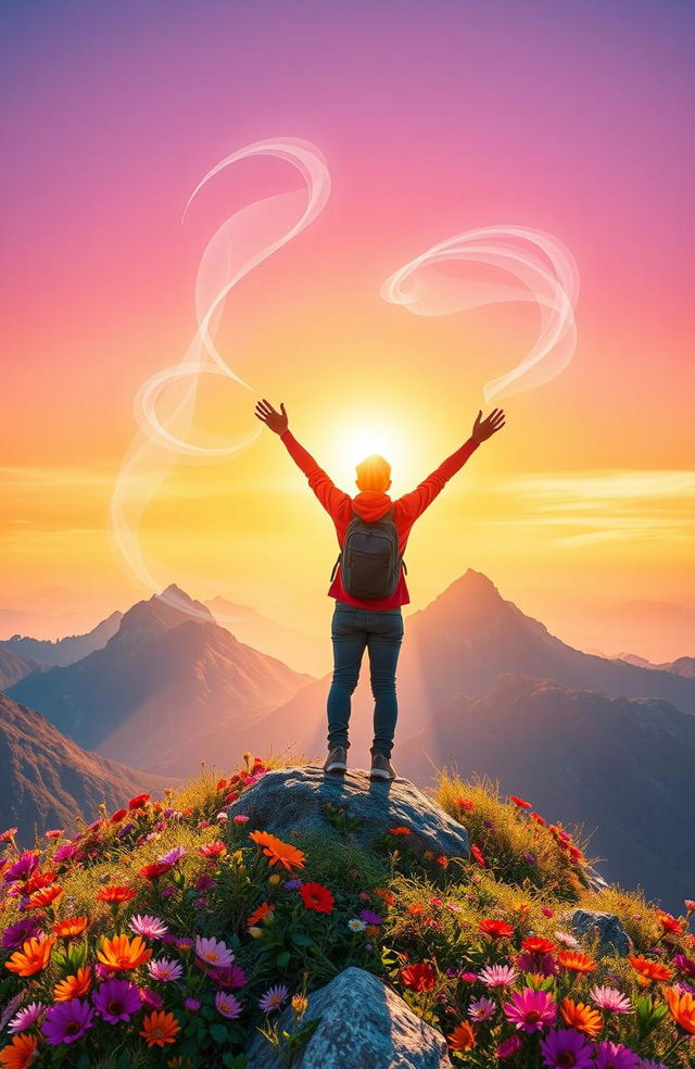 A vibrant and inspiring scene depicting the concept of inner power and personal growth, showcasing a person standing triumphantly on a mountain peak under a radiant sunrise, arms raised in celebration