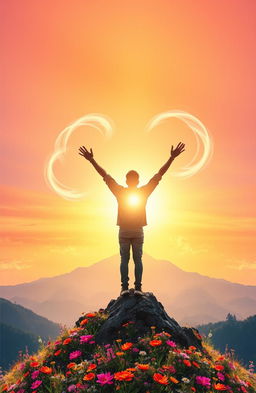 A vibrant and inspiring scene depicting the concept of inner power and personal growth, showcasing a person standing triumphantly on a mountain peak under a radiant sunrise, arms raised in celebration