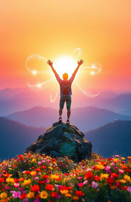 A vibrant and inspiring scene depicting the concept of inner power and personal growth, showcasing a person standing triumphantly on a mountain peak under a radiant sunrise, arms raised in celebration