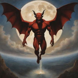 Depict an artistic representation of a metaphorical situation where a devil-like figure descends towards Earth, suggesting the presence of evil.