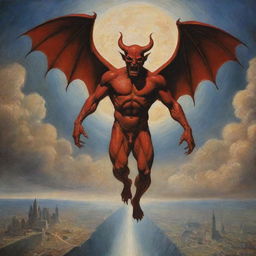 Depict an artistic representation of a metaphorical situation where a devil-like figure descends towards Earth, suggesting the presence of evil.