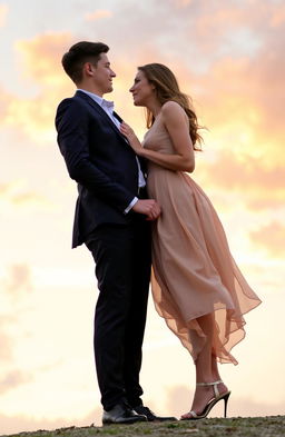 A romantic scene featuring a young couple with a sky background