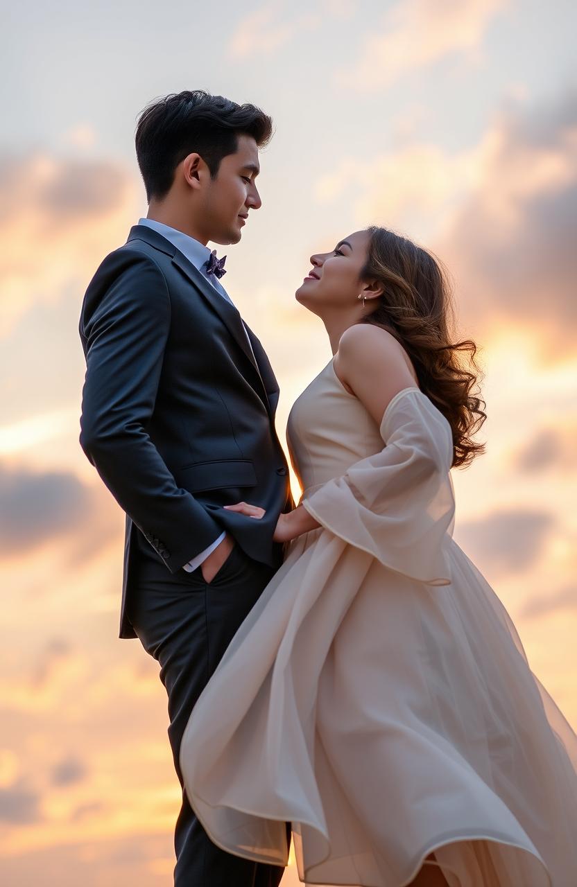 A romantic scene featuring a young couple with a sky background