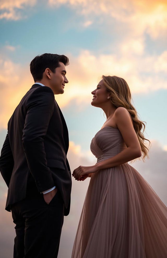 A romantic scene featuring a young couple with a sky background