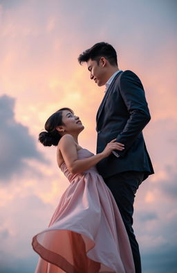 A romantic scene featuring a young couple with a sky background