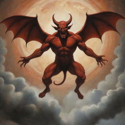 Depict an artistic representation of a metaphorical situation where a devil-like figure descends towards Earth, suggesting the presence of evil.