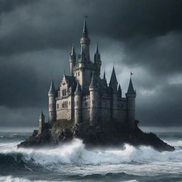 Generate a fantastical image of a gothic-style castle, symbolizing a devil's abode, standing amidst vast, stormy seas.