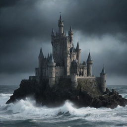 Generate a fantastical image of a gothic-style castle, symbolizing a devil's abode, standing amidst vast, stormy seas.