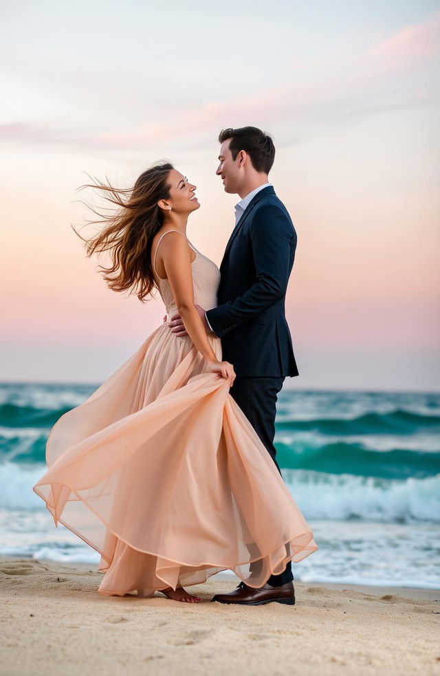 A romantic young couple standing on a beach with a stunning sea and sky background