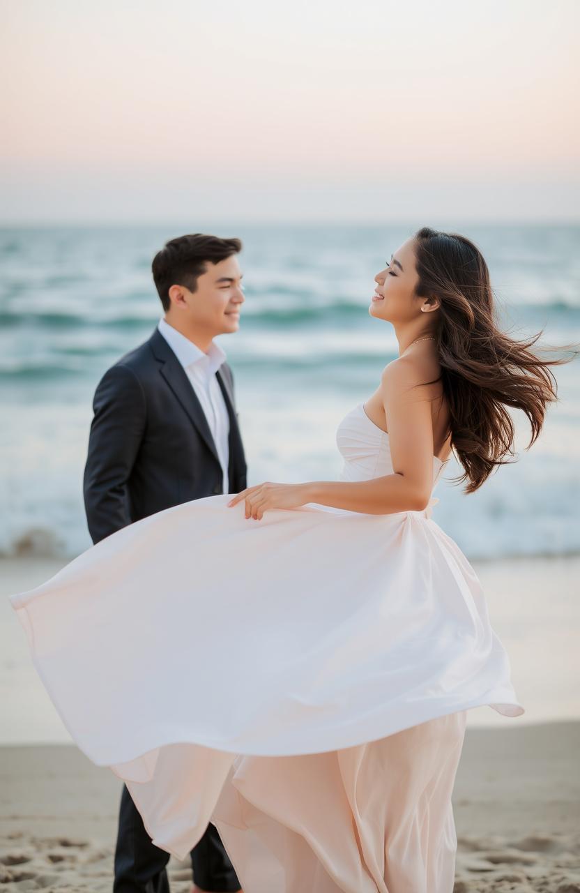 A romantic young couple standing on a beach with a stunning sea and sky background