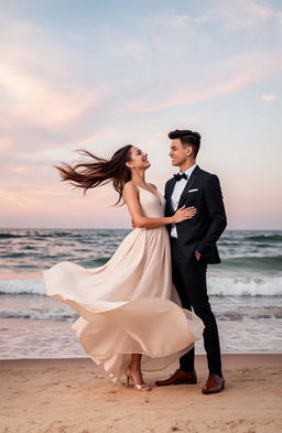 A romantic young couple standing on a beach with a stunning sea and sky background
