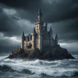 Generate a fantastical image of a gothic-style castle, symbolizing a devil's abode, standing amidst vast, stormy seas.