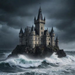 Generate a fantastical image of a gothic-style castle, symbolizing a devil's abode, standing amidst vast, stormy seas.