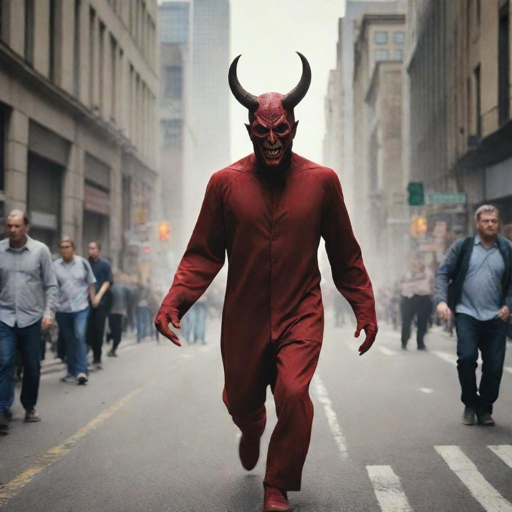 Create an image of a devil-like figure entering a bustling city, with the people seemingly unaware of its presence.