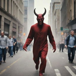 Create an image of a devil-like figure entering a bustling city, with the people seemingly unaware of its presence.