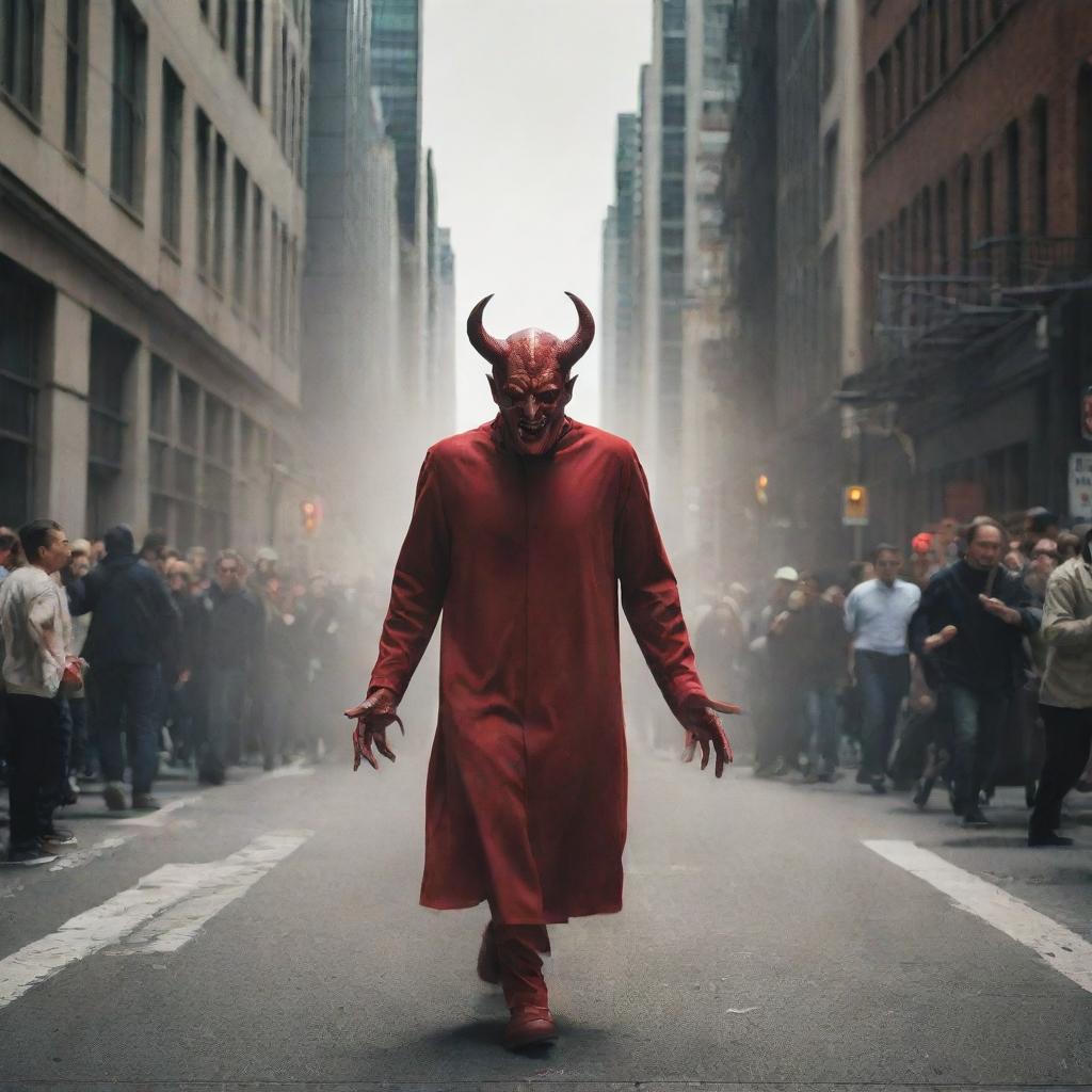 Create an image of a devil-like figure entering a bustling city, with the people seemingly unaware of its presence.