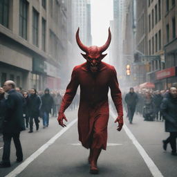 Create an image of a devil-like figure entering a bustling city, with the people seemingly unaware of its presence.