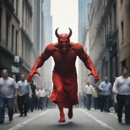 Create an image of a devil-like figure entering a bustling city, with the people seemingly unaware of its presence.