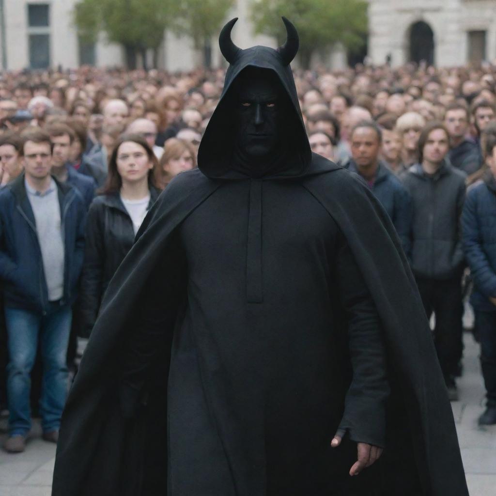 Generate an image of a devil in disguise as a human figure, draped in a black cloak, blending with a crowd of people.