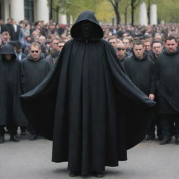 Generate an image of a devil in disguise as a human figure, draped in a black cloak, blending with a crowd of people.