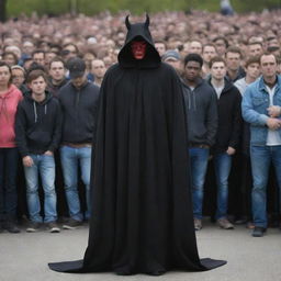 Generate an image of a devil in disguise as a human figure, draped in a black cloak, blending with a crowd of people.