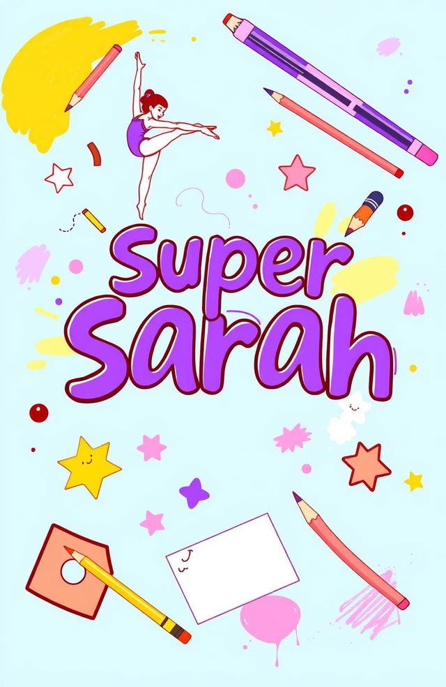 A vibrant and colorful design featuring the words "Super Sarah" in bold purple lettering