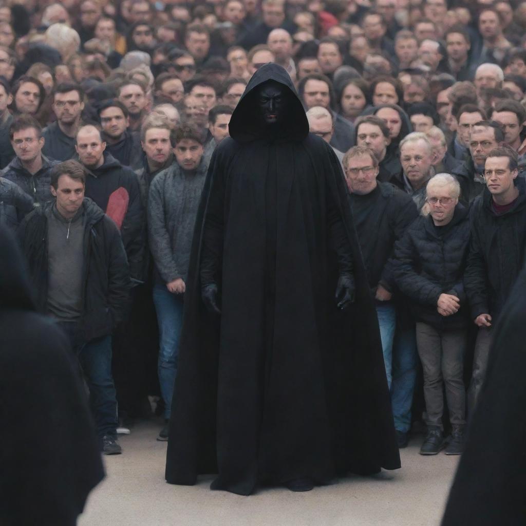 Generate an image of a devil in disguise as a human figure, draped in a black cloak, blending with a crowd of people.