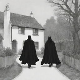 Illustrate a scene of a disguised devil, wearing a black cloak, approaching a secluded house.