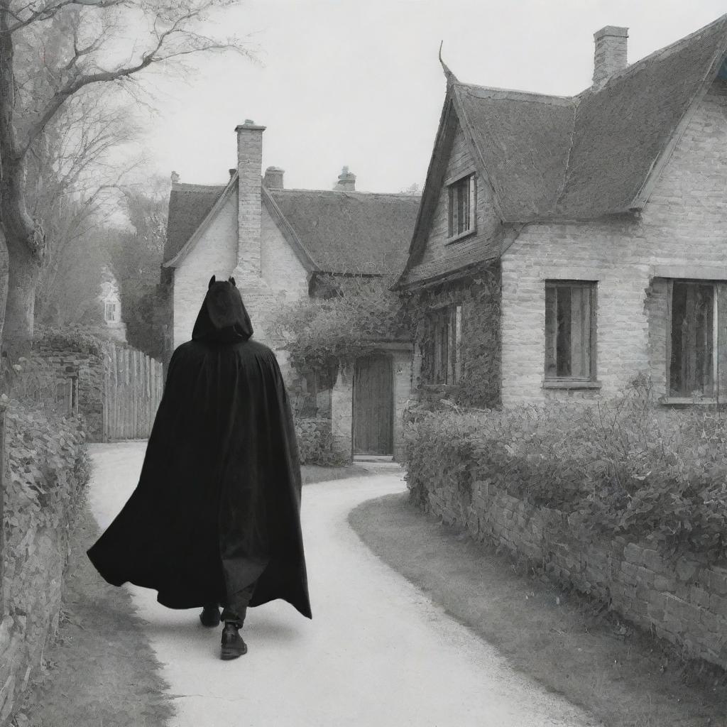 Illustrate a scene of a disguised devil, wearing a black cloak, approaching a secluded house.