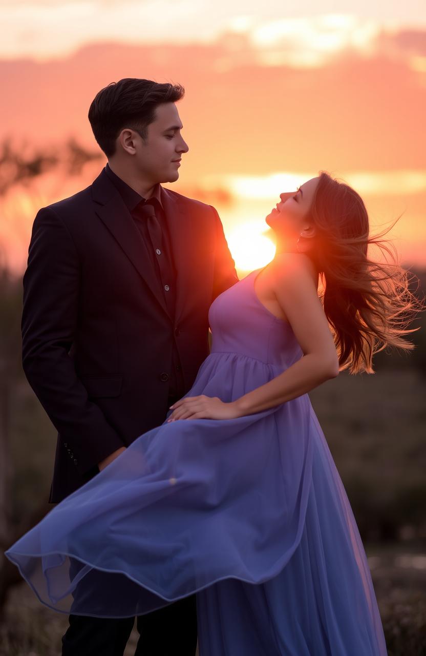 A romantic scene featuring a young couple standing together at sunset