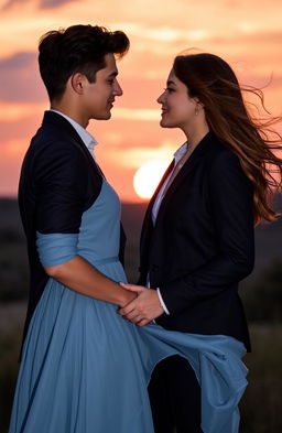A romantic scene featuring a young couple standing together at sunset