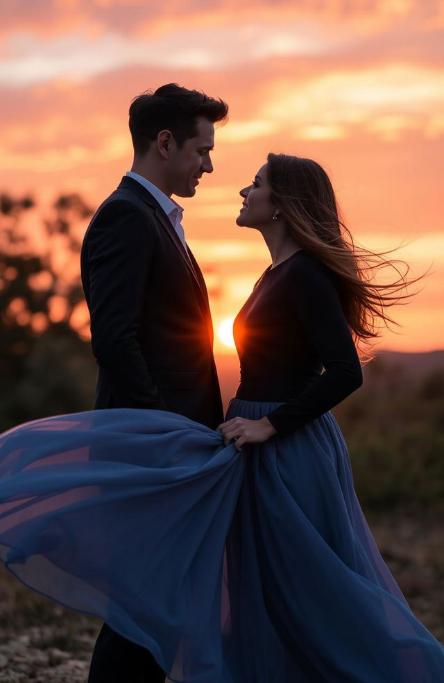 A romantic scene featuring a young couple standing together at sunset