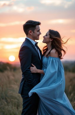 A romantic scene featuring a young couple standing together at sunset