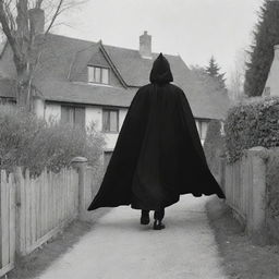 Illustrate a scene of a disguised devil, wearing a black cloak, approaching a secluded house.