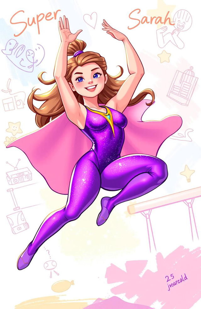 A vibrant illustration of 'Super Sarah' depicted in a dynamic gymnastics pose, wearing a purple leotard that shimmers in the light