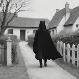 Illustrate a scene of a disguised devil, wearing a black cloak, approaching a secluded house.