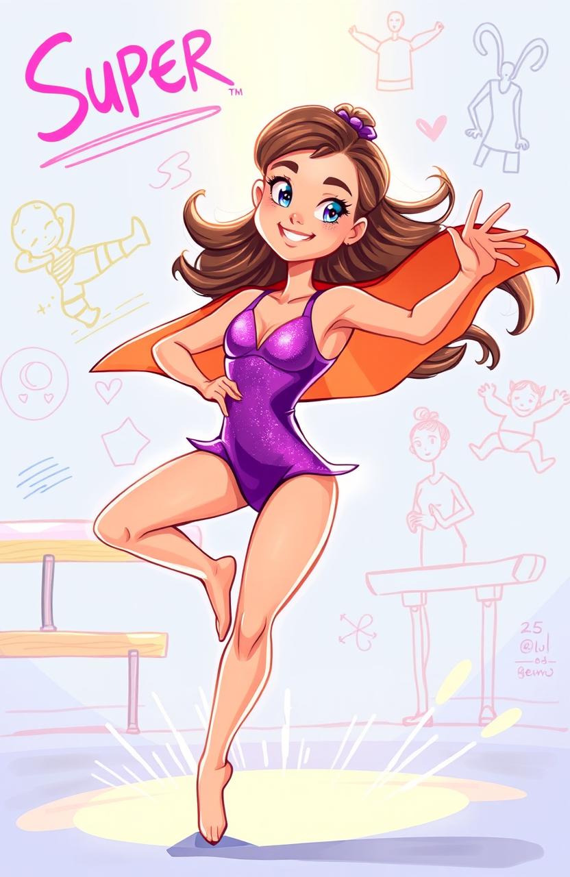 A vibrant illustration of 'Super Sarah' depicted in a dynamic gymnastics pose, wearing a purple leotard that shimmers in the light