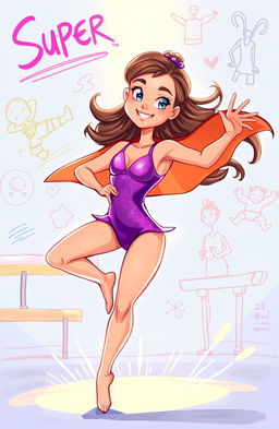 A vibrant illustration of 'Super Sarah' depicted in a dynamic gymnastics pose, wearing a purple leotard that shimmers in the light