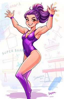 A vibrant illustration of 'Super Sarah' depicted in a dynamic gymnastics pose, wearing a purple leotard that shimmers in the light