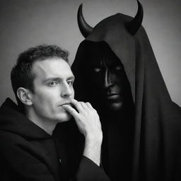 Create an evocative image of a cloaked figure, representing a disguised devil, whispering into the ear of an unsuspecting human.