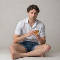 Generate an image of the same human depicted previously, now sitting alone with a glass of alcohol in his hand.