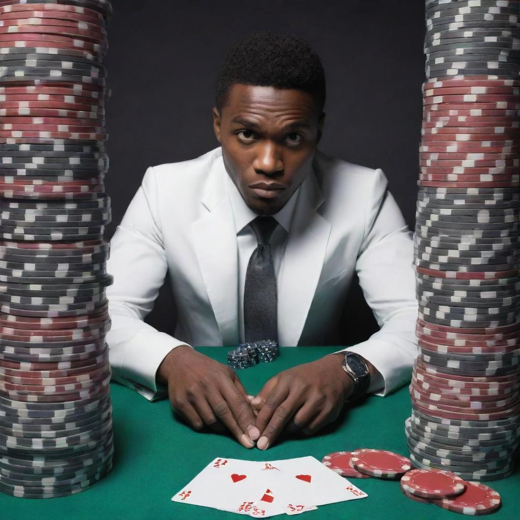 Represent an image of the same human character, engaged in the act of gambling, surrounded by stacks of betting chips and cards.