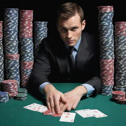 Represent an image of the same human character, engaged in the act of gambling, surrounded by stacks of betting chips and cards.